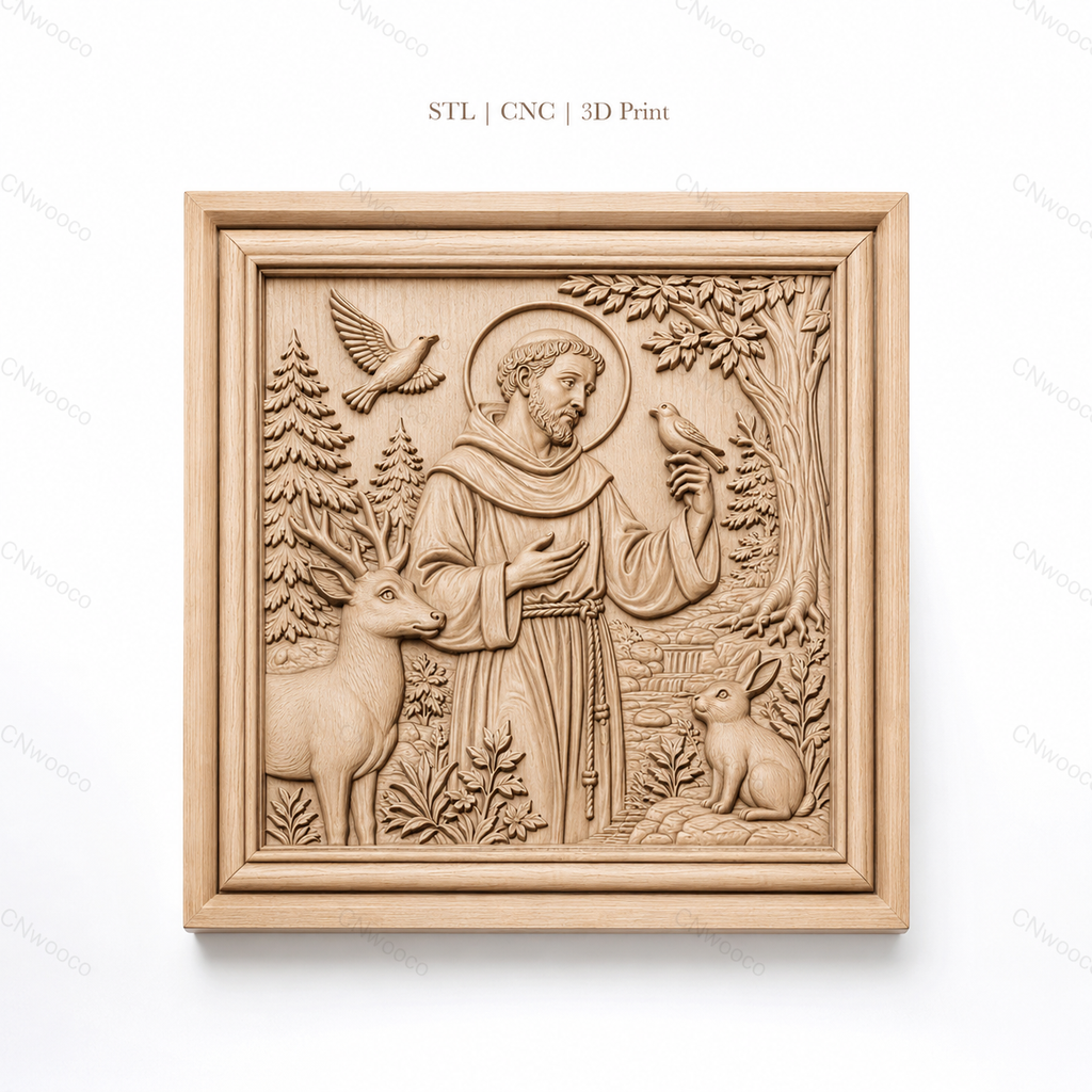 Fichier CNC & impression 3D saint François avec animaux, cerf oiseaux et lapin, haute qualité relief STL