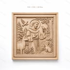 Fichier CNC & impression 3D saint François avec animaux, cerf oiseaux et lapin, haute qualité relief STL