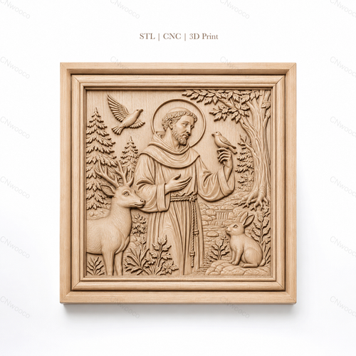 Fichier CNC & impression 3D saint François avec animaux, cerf oiseaux et lapin, haute qualité relief STL