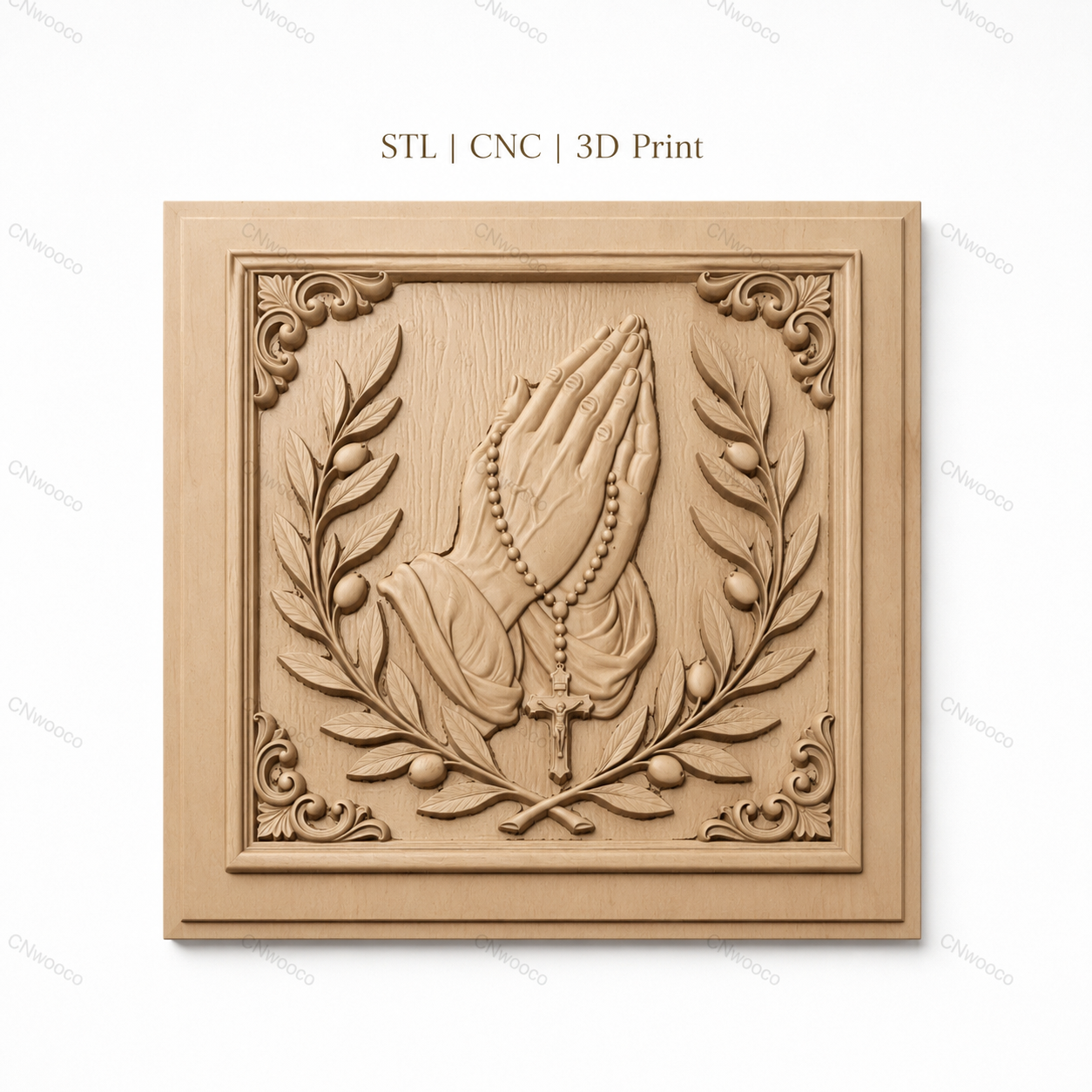 Fichier CNC & impression 3D mains en prière, chapelet et branches d’olivier, haute qualité relief STL