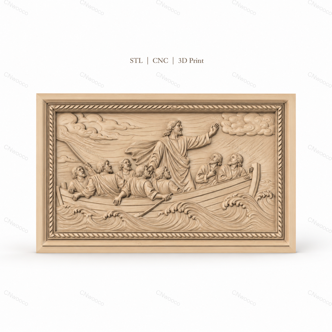 Fichier CNC & impression 3D Jésus apaisant la tempête, scène biblique en bateau, haute qualité relief STL