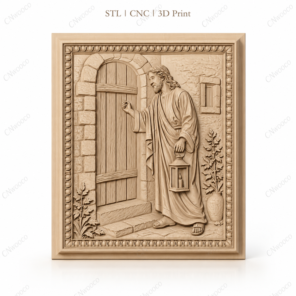 Fichier CNC & impression 3D Jésus frappant à la porte, scène biblique avec lanterne, haute qualité relief STL
