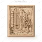 Fichier CNC & impression 3D Jésus frappant à la porte, scène biblique avec lanterne, haute qualité relief STL