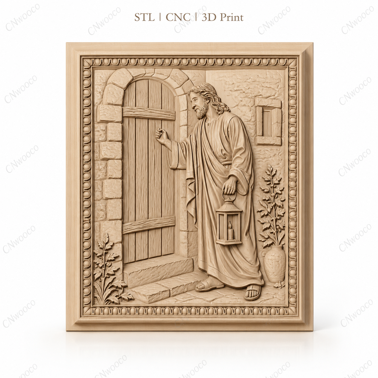 Fichier CNC & impression 3D Jésus frappant à la porte, scène biblique avec lanterne, haute qualité relief STL