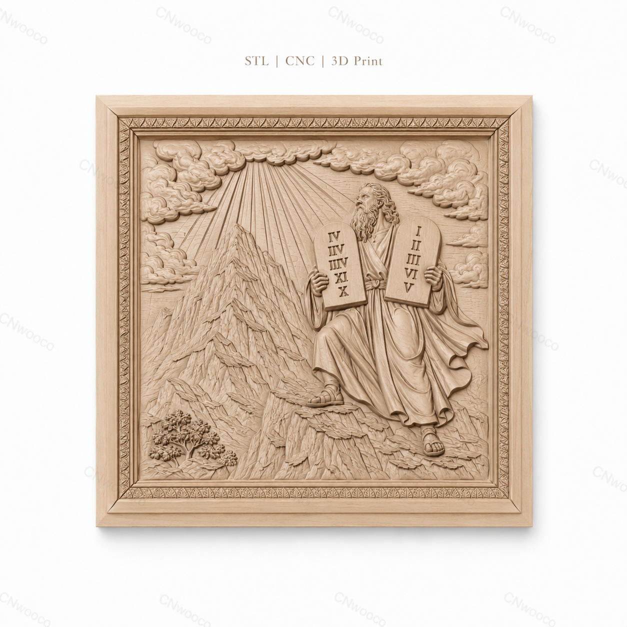 Fichier CNC & impression 3D Moïse et les dix commandements, scène biblique sur montagne, haute qualité relief STL