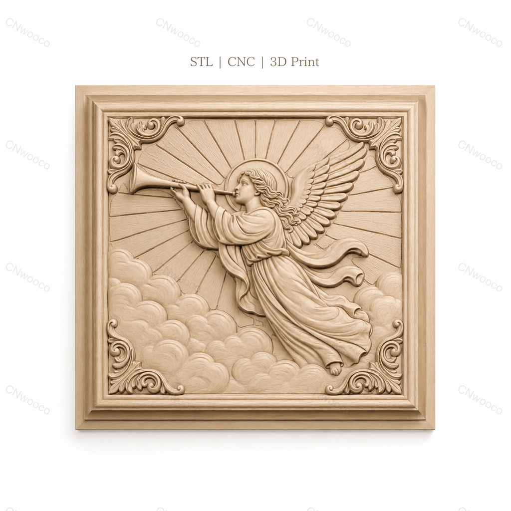Fichier CNC & impression 3D ange trompettiste, nuages et rayons célestes, haute qualité relief STL