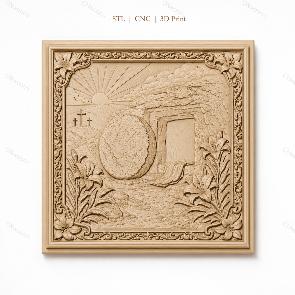 Fichier CNC & impression 3D tombeau vide de Jésus, croix et lys, haute qualité relief STL