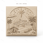Fichier CNC & impression 3D scène de la nativité, étoile et village biblique, haute qualité relief STL