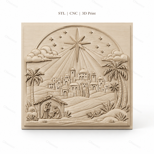 Fichier CNC & impression 3D scène de la nativité, étoile et village biblique, haute qualité relief STL