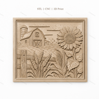 Fichier CNC & impression 3D ferme rustique, grange tournesol maïs et blé, haute qualité relief STL