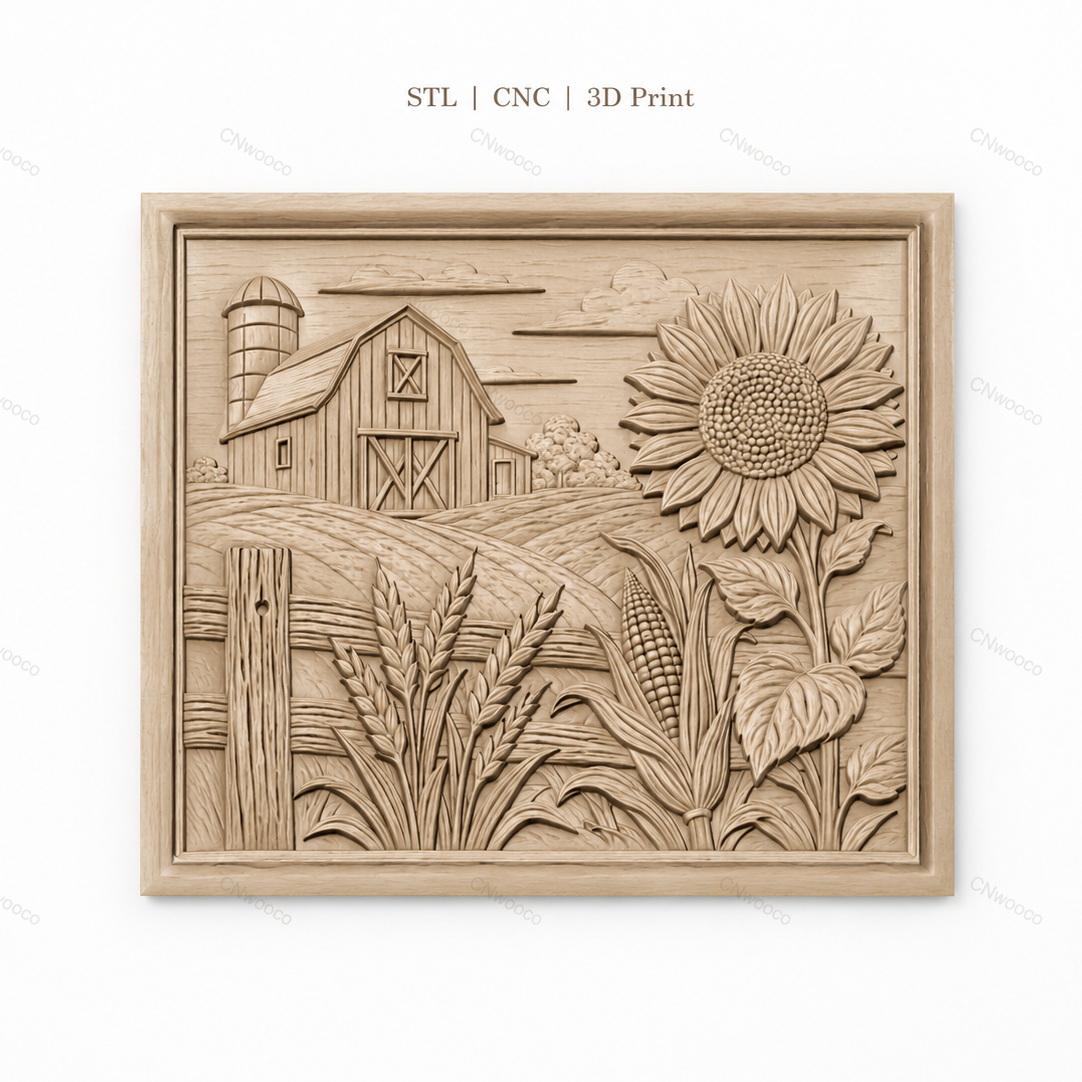 Fichier CNC & impression 3D ferme rustique, grange tournesol maïs et blé, haute qualité relief STL