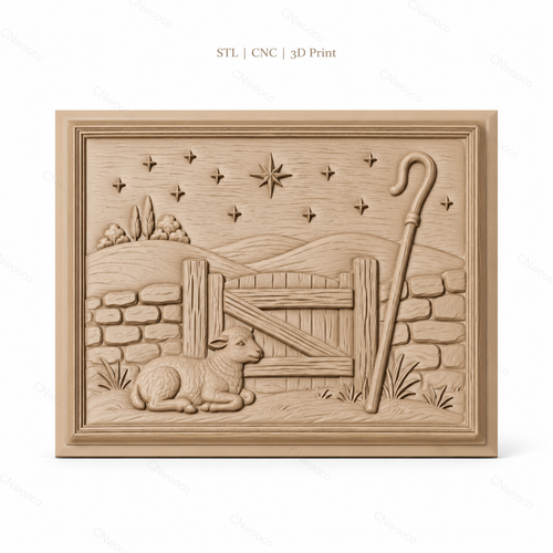 Fichier CNC & impression 3D agneau berger, porte en bois et étoile, haute qualité relief STL