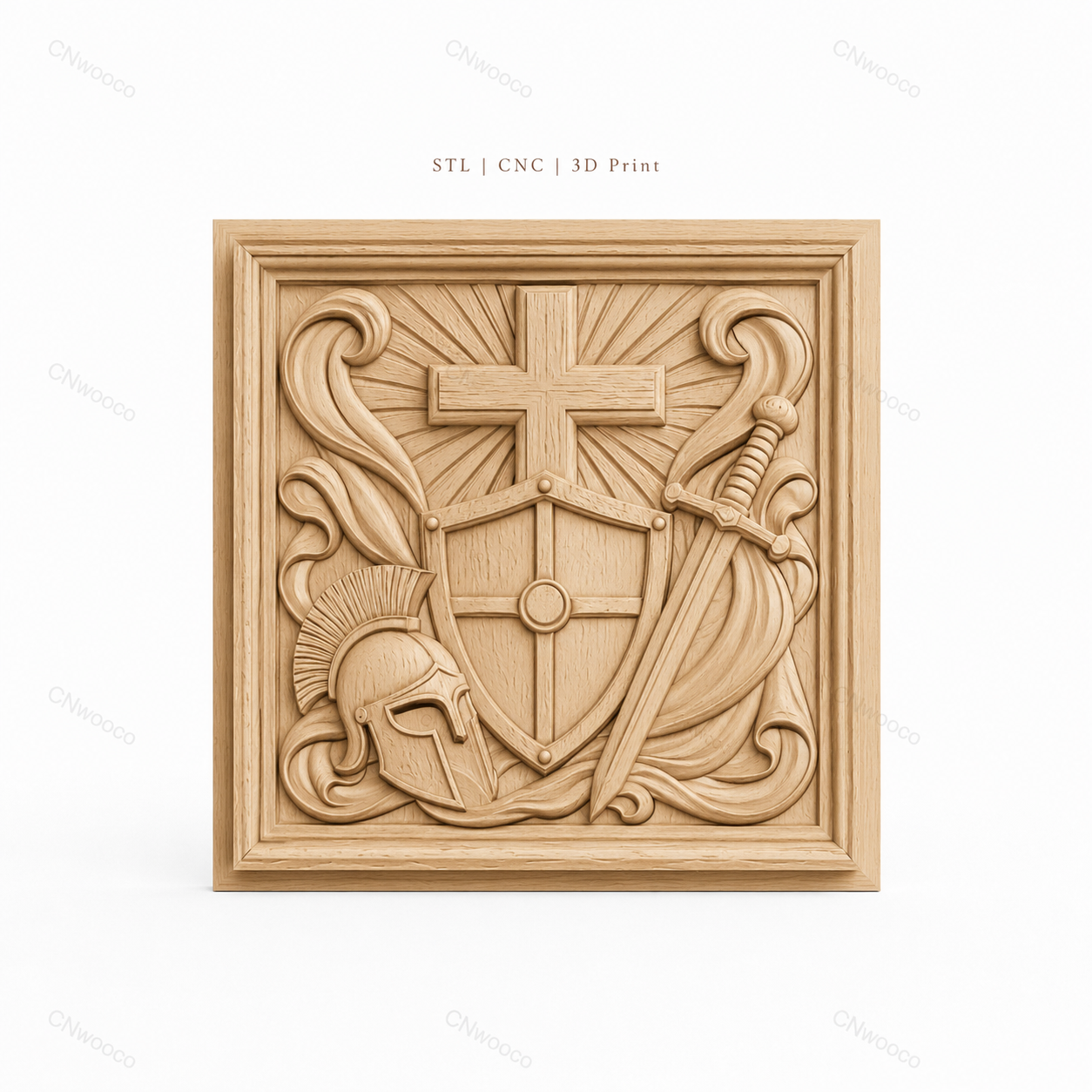 Fichier CNC & impression 3D bouclier croix et épée, casque médiéval, haute qualité relief STL
