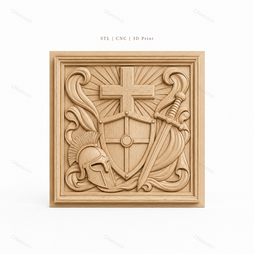 Fichier CNC & impression 3D bouclier croix et épée, casque médiéval, haute qualité relief STL