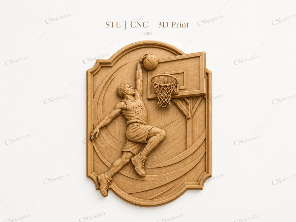 Relief basket joueur numéro 23 en dunk, CNC & impression 3D, fichier STL pour gravure bois, STL de très haute qualité