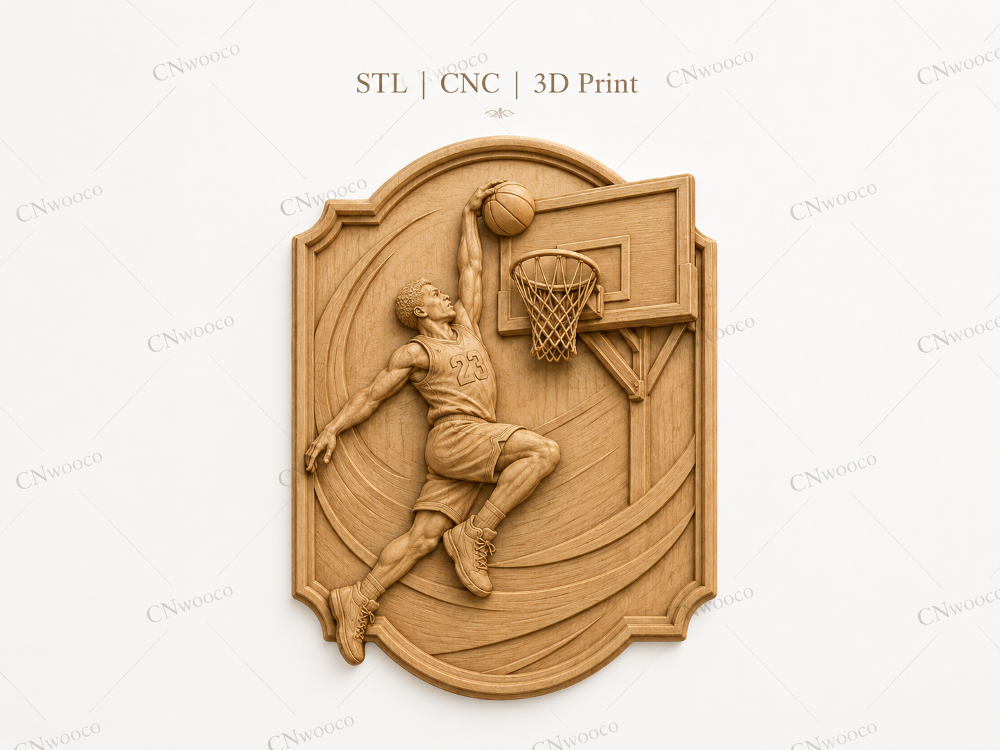 Relief basket joueur numéro 23 en dunk, CNC & impression 3D, fichier STL pour gravure bois, STL de très haute qualité