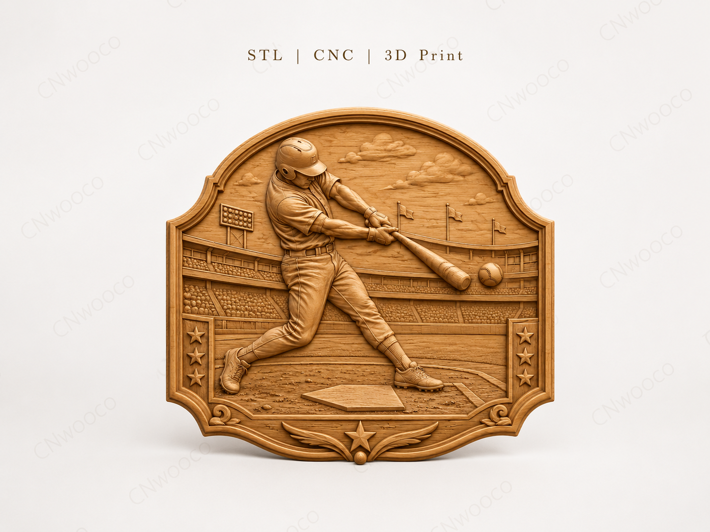 Relief baseball joueur en frappe, CNC & impression 3D, fichier STL pour gravure bois, STL de très haute qualité