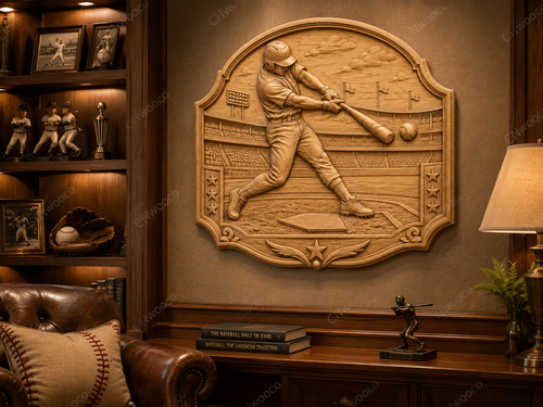 Relief baseball joueur en frappe, CNC & impression 3D, fichier STL pour gravure bois, STL de très haute qualité