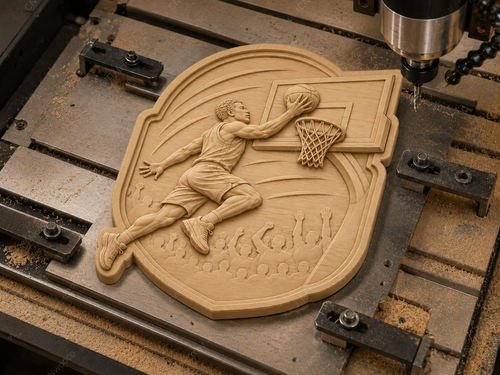 CNC & impression 3D relief joueur de basket en dunk avec panier et foule, fichier STL très haute qualité