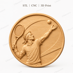 CNC & impression 3D relief joueur de tennis au service avec raquette et balle, fichier STL très haute qualité
