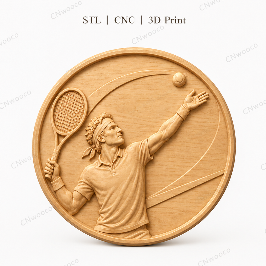 CNC & impression 3D relief joueur de tennis au service avec raquette et balle, fichier STL très haute qualité