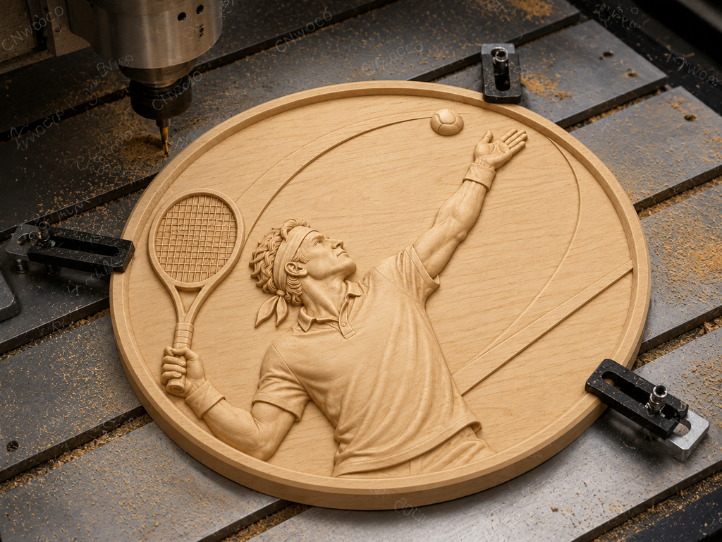 CNC & impression 3D relief joueur de tennis au service avec raquette et balle, fichier STL très haute qualité