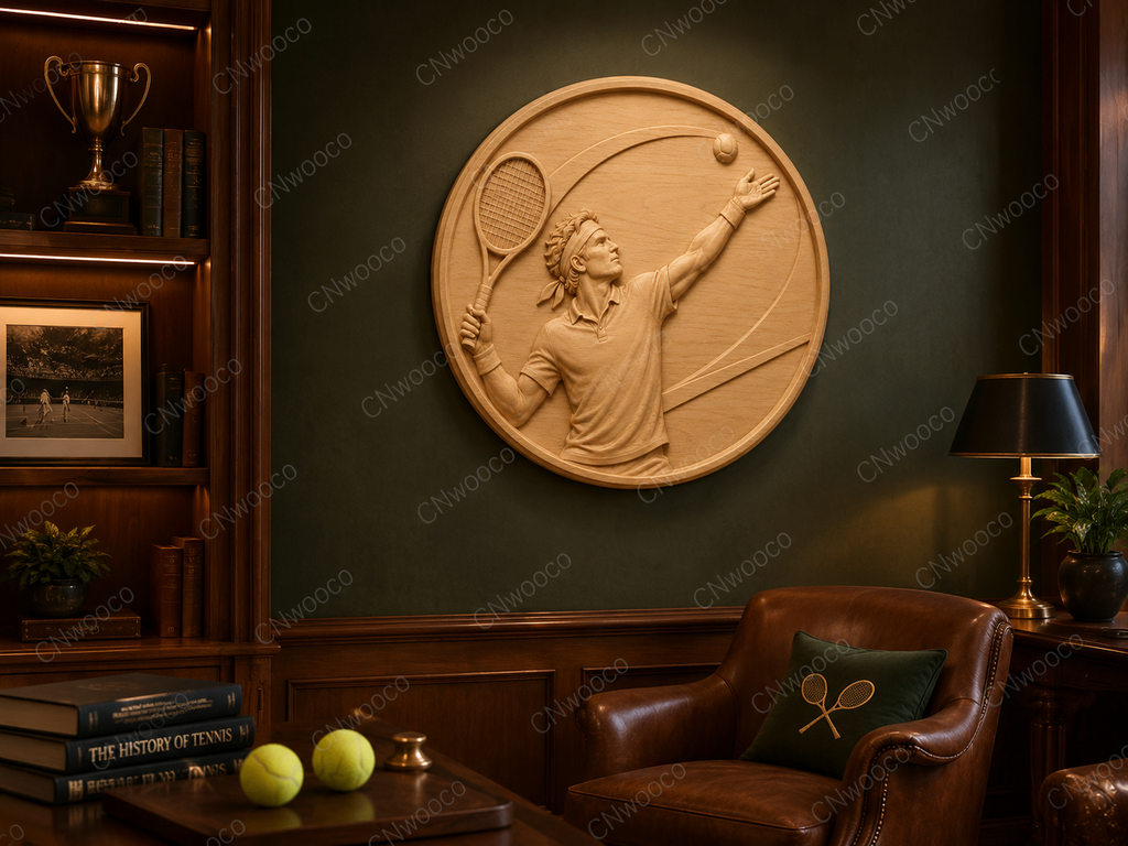 CNC & impression 3D relief joueur de tennis au service avec raquette et balle, fichier STL très haute qualité