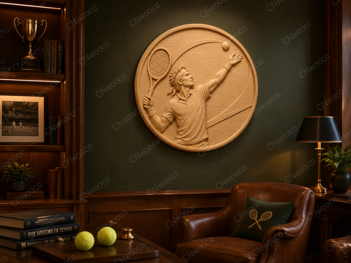 CNC & impression 3D relief joueur de tennis au service avec raquette et balle, fichier STL très haute qualité