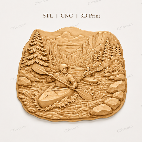 CNC & impression 3D relief kayak en rivière, rapides, montagnes et forêt, fichier STL très haute qualité