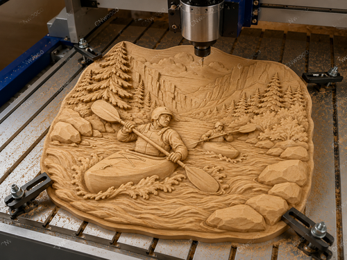 CNC & impression 3D relief kayak en rivière, rapides, montagnes et forêt, fichier STL très haute qualité