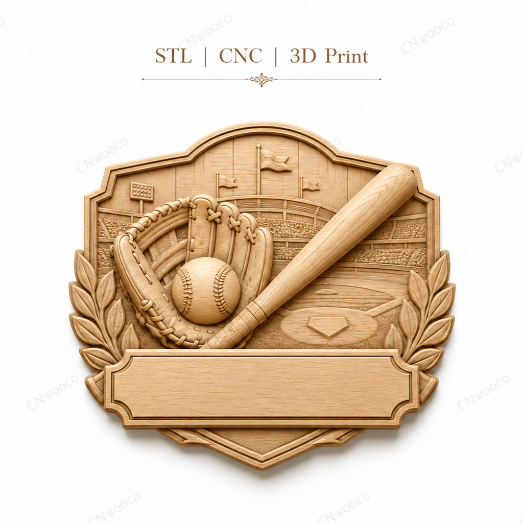 CNC & impression 3D relief baseball avec batte, gant, balle et plaque à personnaliser, fichier STL très haute qualité
