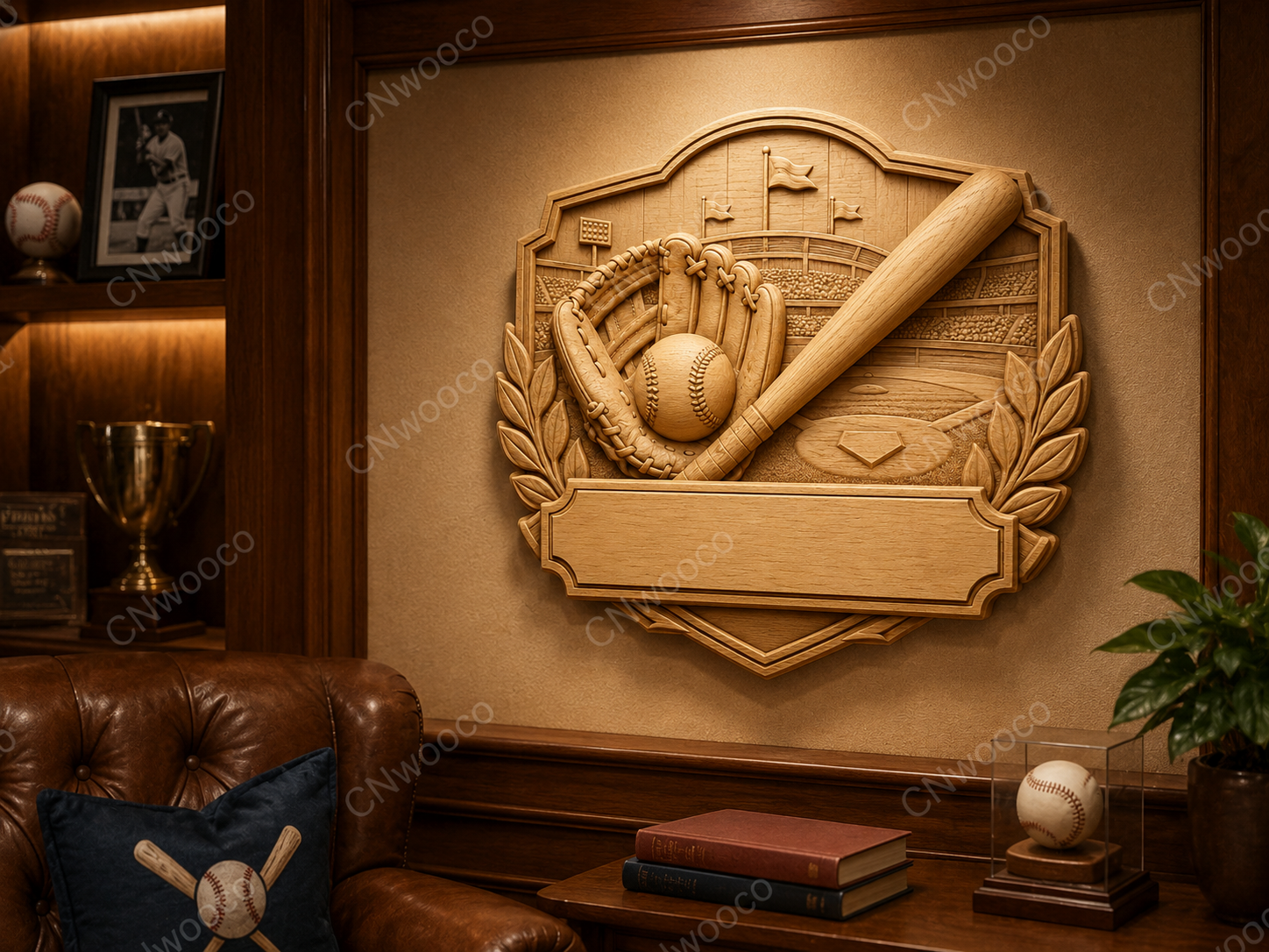CNC & impression 3D relief baseball avec batte, gant, balle et plaque à personnaliser, fichier STL très haute qualité