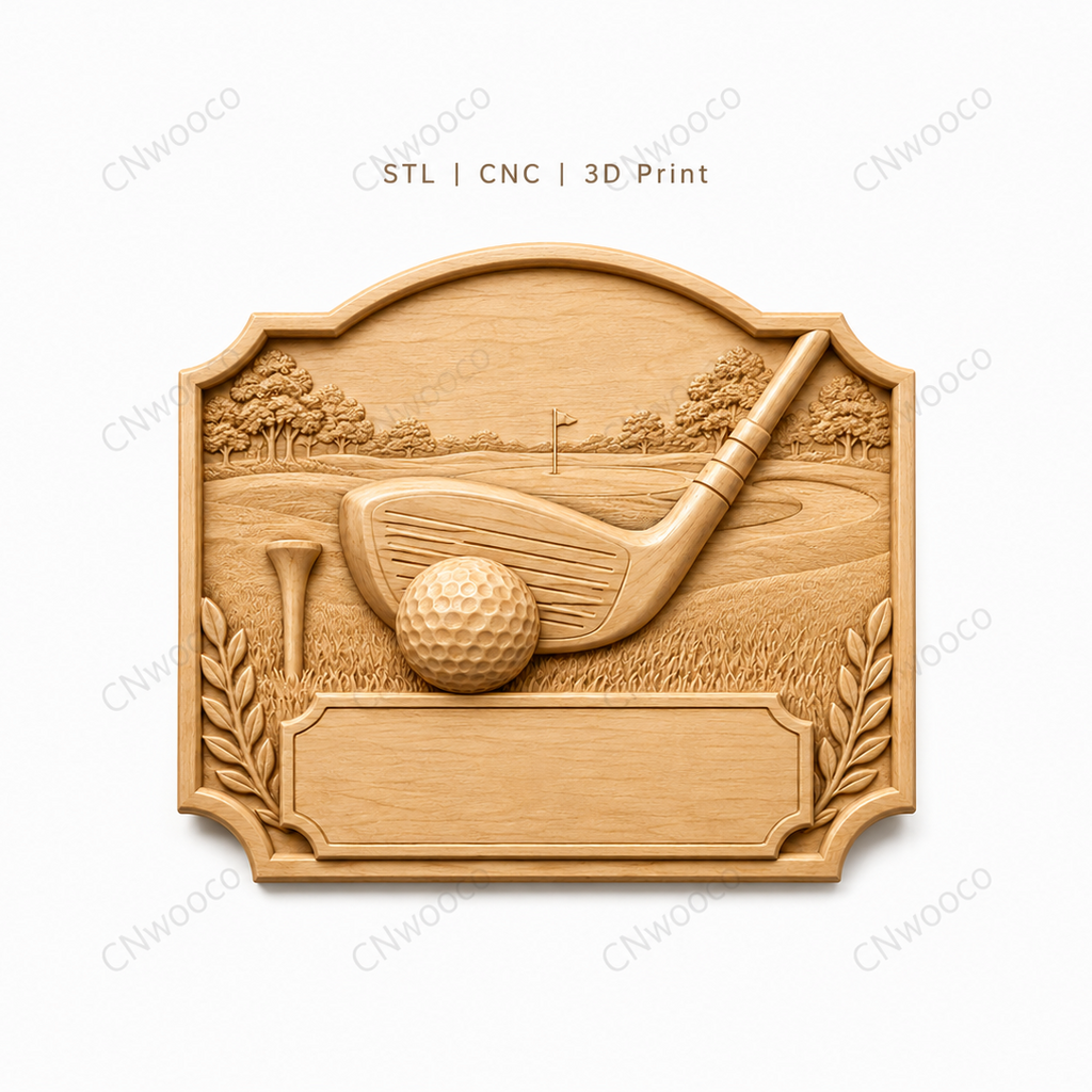 CNC & impression 3D relief golf avec club, balle, tee et plaque à personnaliser, fichier STL très haute qualité