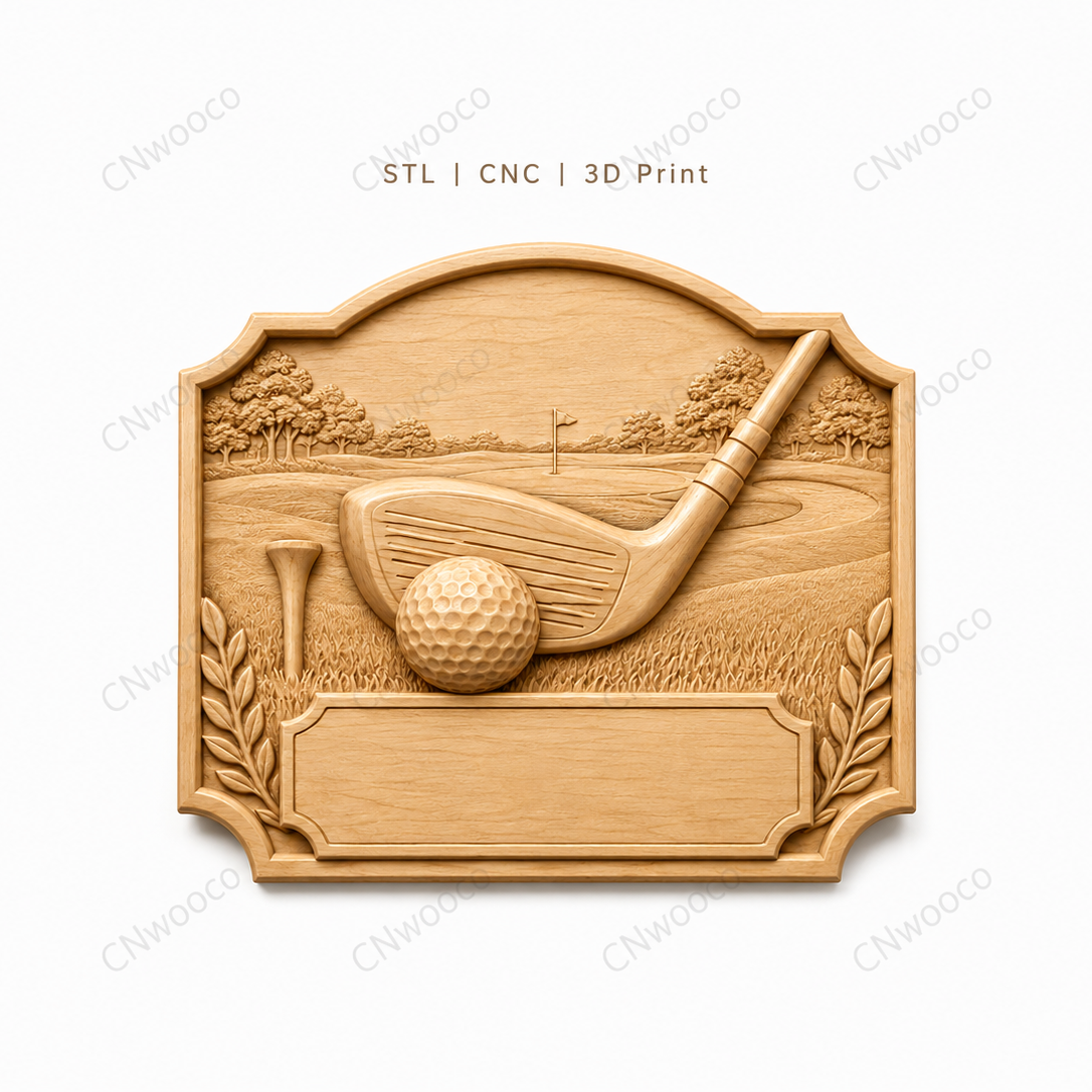 CNC & impression 3D relief golf avec club, balle, tee et plaque à personnaliser, fichier STL très haute qualité