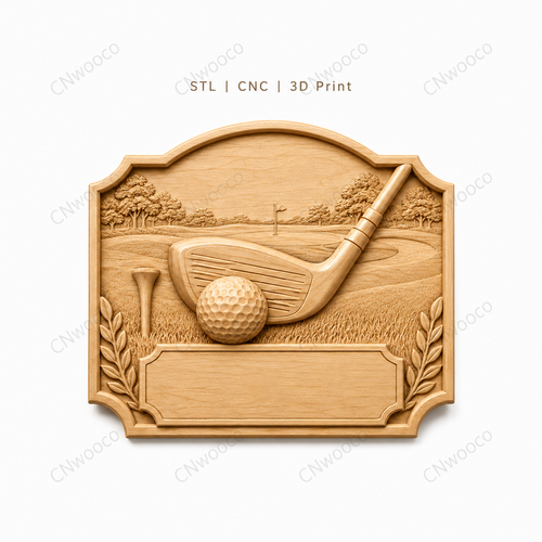CNC & impression 3D relief golf avec club, balle, tee et plaque à personnaliser, fichier STL très haute qualité