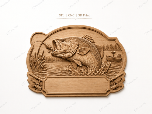 CNC & impression 3D relief pêche bass avec leurre, bateau et plaque à personnaliser, fichier STL très haute qualité