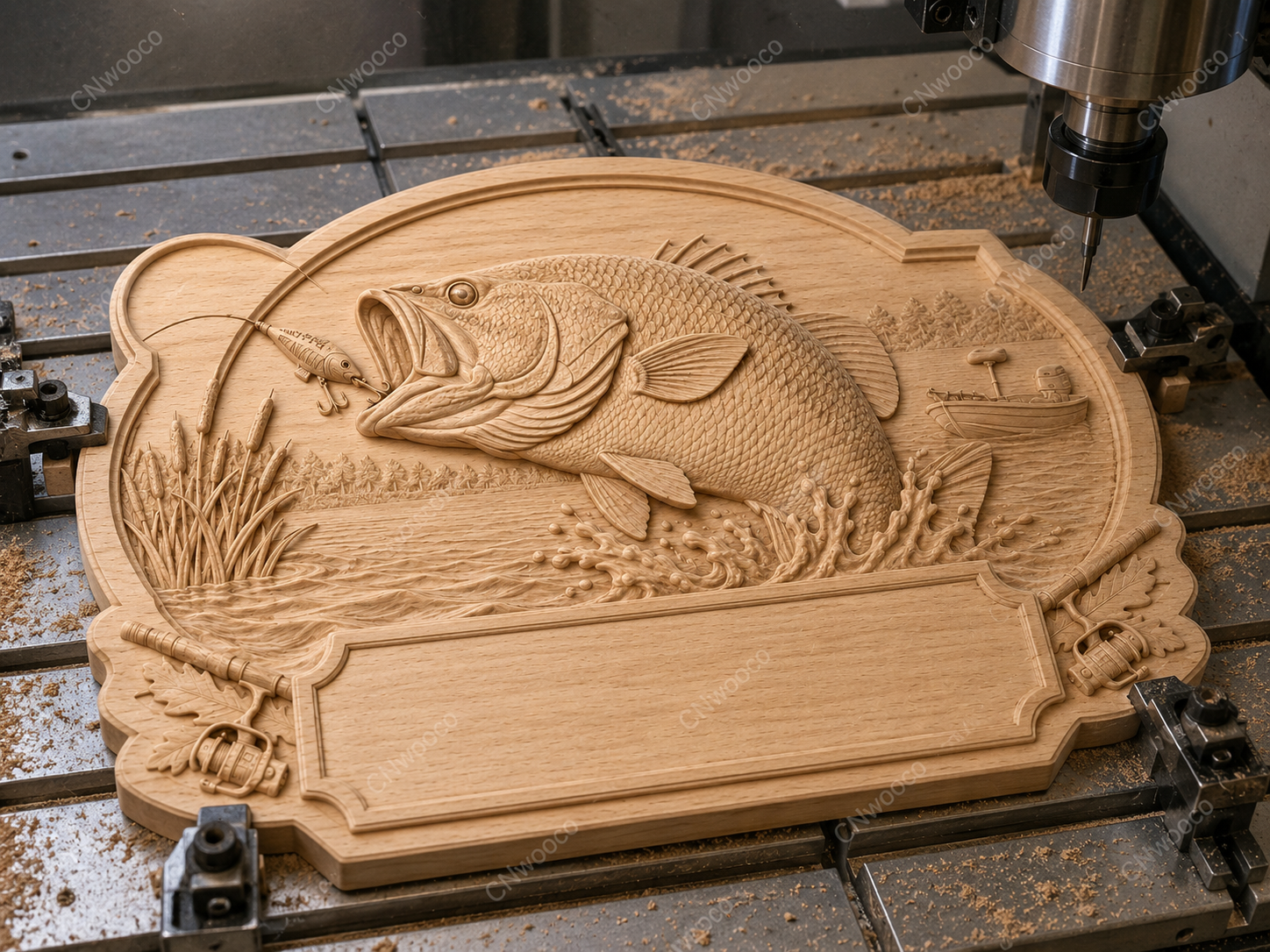 CNC & impression 3D relief pêche bass avec leurre, bateau et plaque à personnaliser, fichier STL très haute qualité