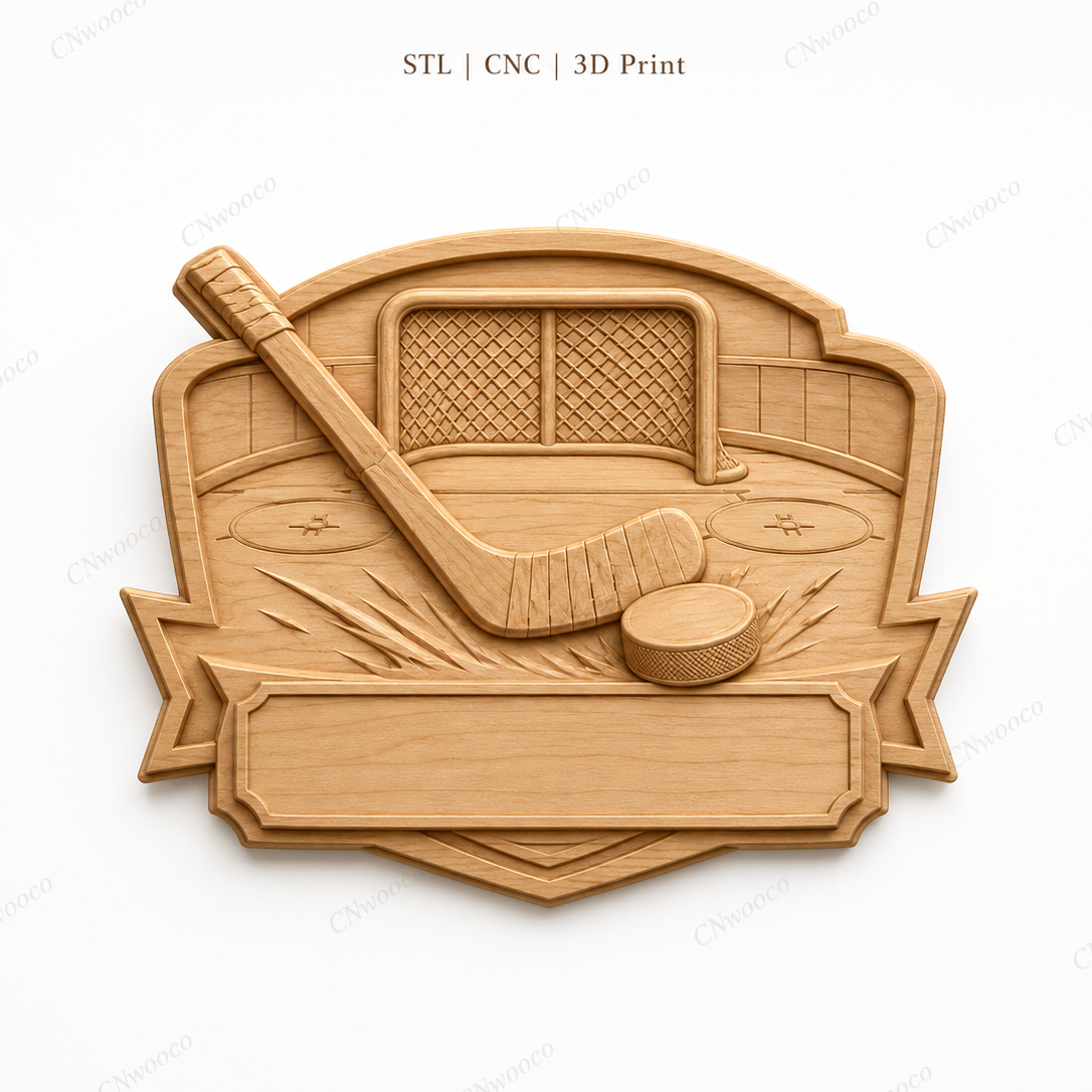 CNC & impression 3D relief hockey avec crosse, palet, cage et plaque à personnaliser, fichier STL très haute qualité