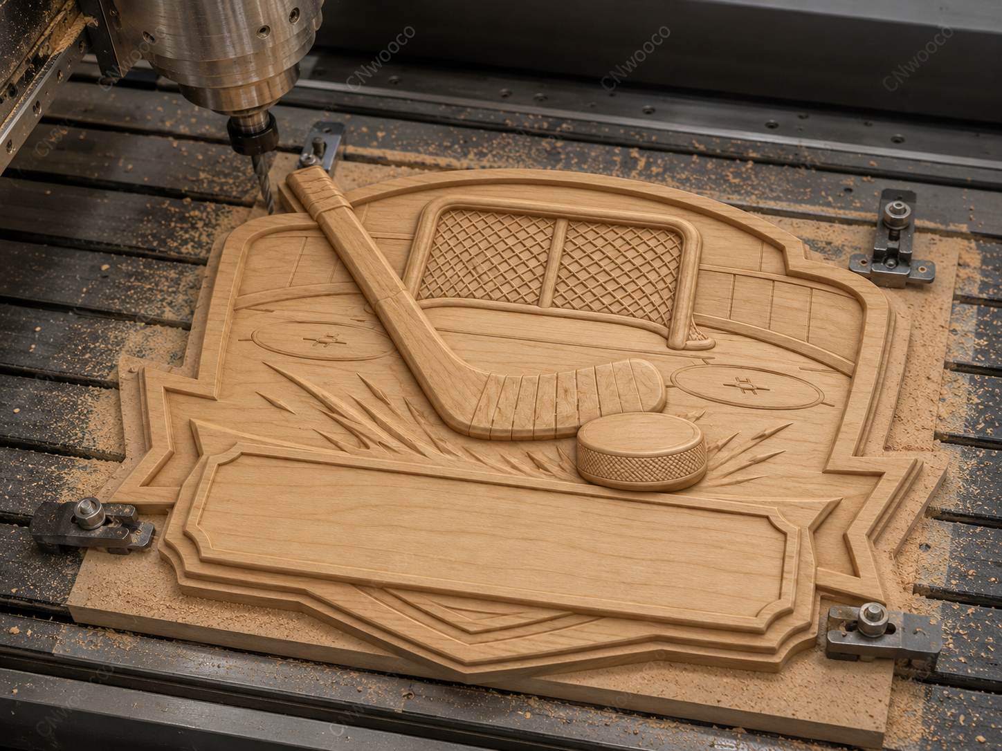 CNC & impression 3D relief hockey avec crosse, palet, cage et plaque à personnaliser, fichier STL très haute qualité