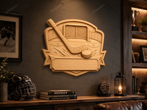 CNC & impression 3D relief hockey avec crosse, palet, cage et plaque à personnaliser, fichier STL très haute qualité