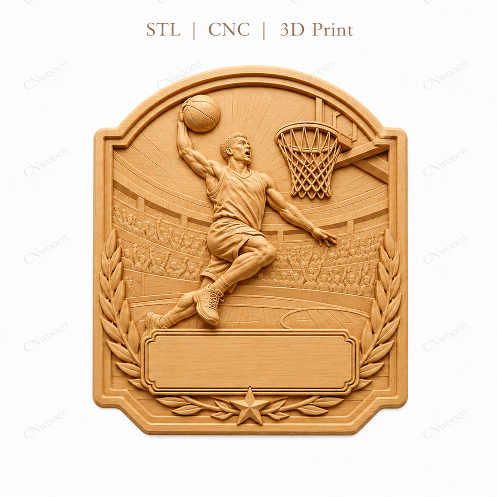 CNC & impression 3D trophée basket avec joueur dunk, panier et plaque à personnaliser, fichier STL très haute qualité