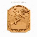 CNC & impression 3D trophée basket avec joueur dunk, panier et plaque à personnaliser, fichier STL très haute qualité
