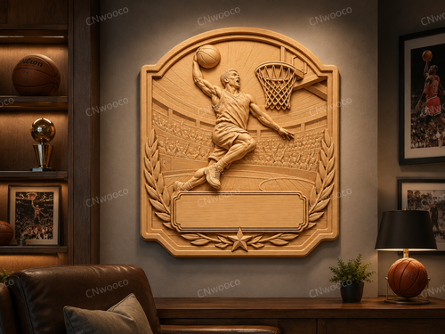 CNC & impression 3D trophée basket avec joueur dunk, panier et plaque à personnaliser, fichier STL très haute qualité