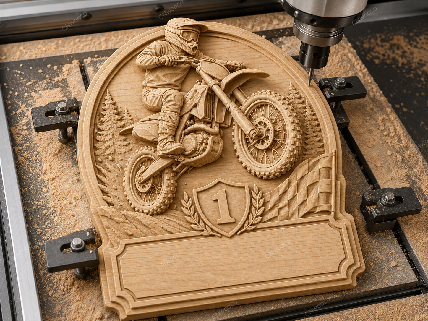 CNC & impression 3D trophée motocross avec moto cross, numéro 1 et plaque à personnaliser, fichier STL très haute qualité