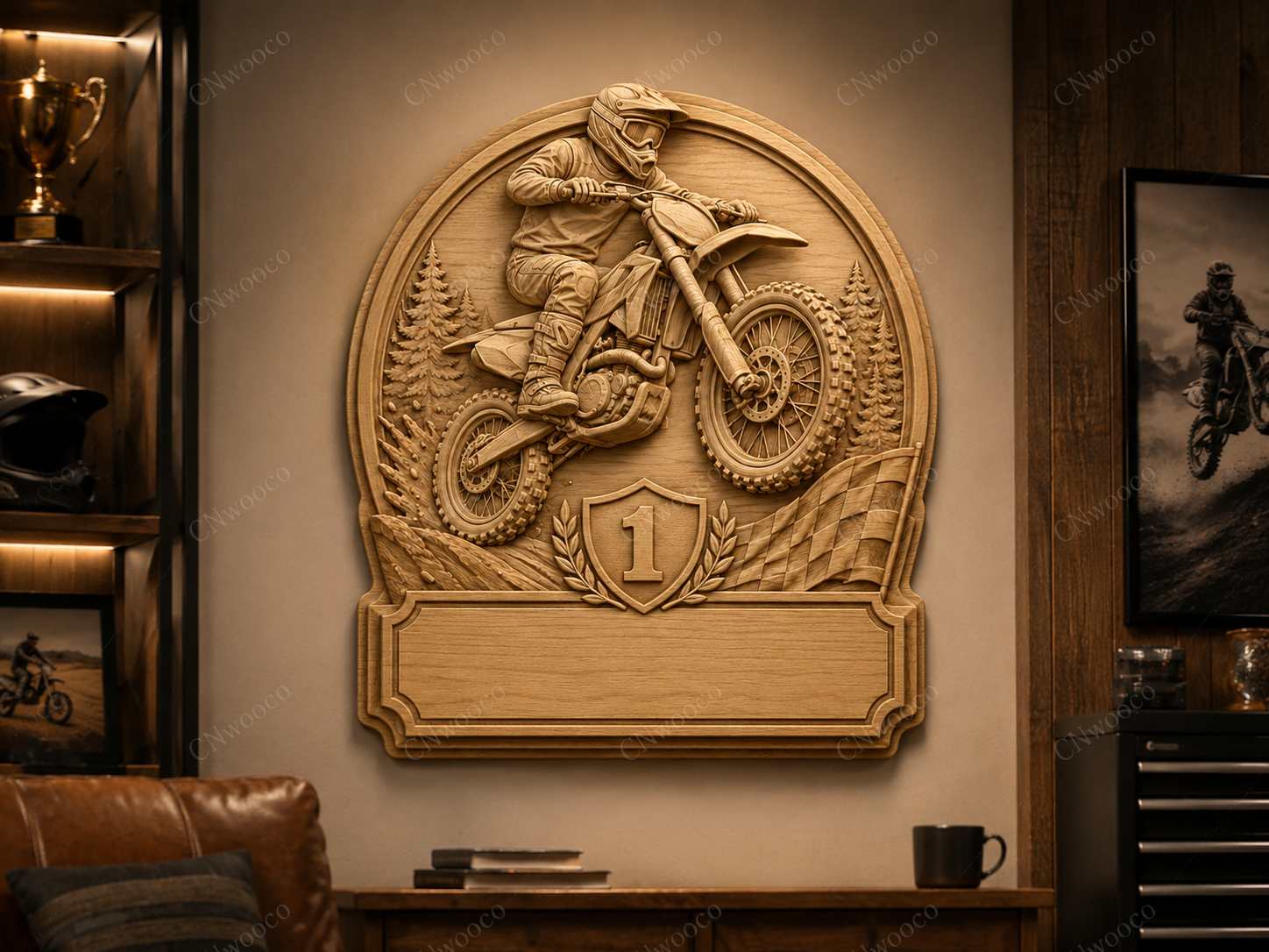 CNC & impression 3D trophée motocross avec moto cross, numéro 1 et plaque à personnaliser, fichier STL très haute qualité