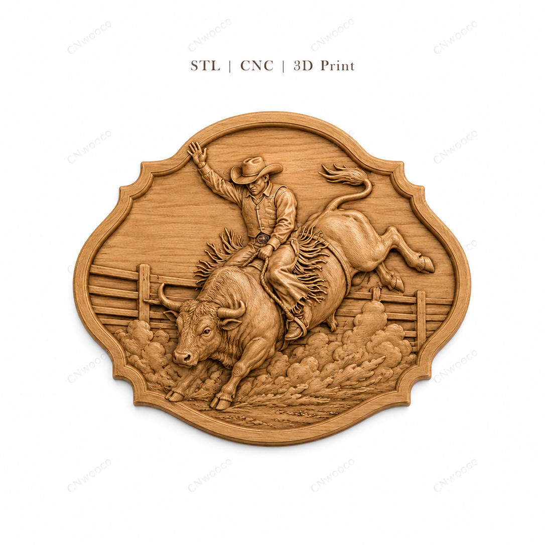 Relief rodéo cowboy sur taureau, CNC & impression 3D, fichier STL, STL de très haute qualité