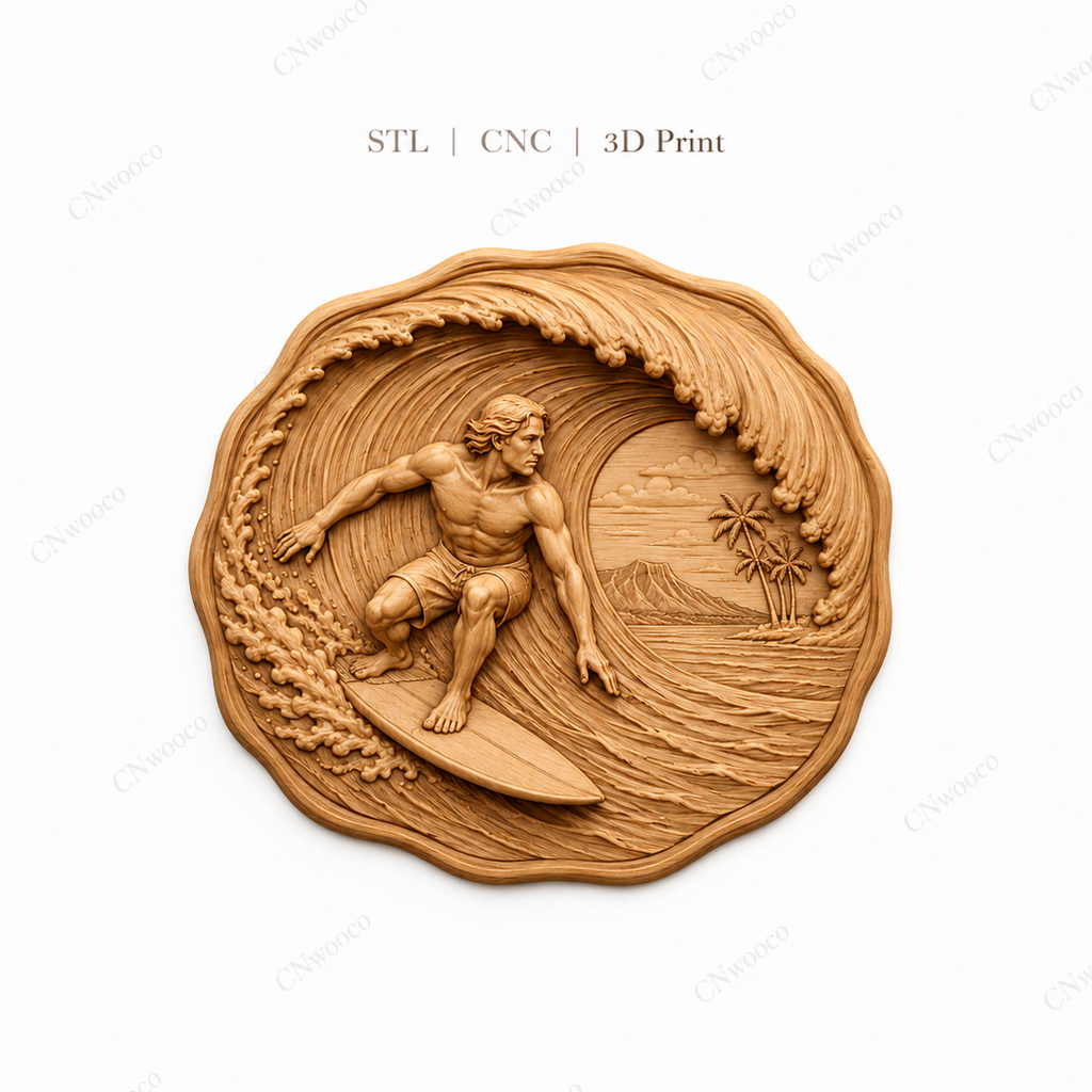 Relief surfeur vague tropicale, CNC & impression 3D, fichier STL, STL de très haute qualité