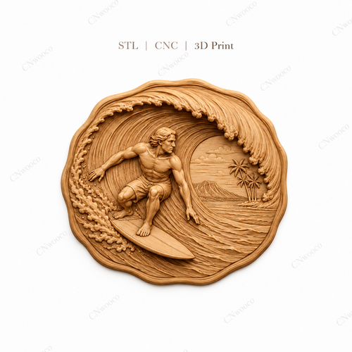 Relief surfeur vague tropicale, CNC & impression 3D, fichier STL, STL de très haute qualité