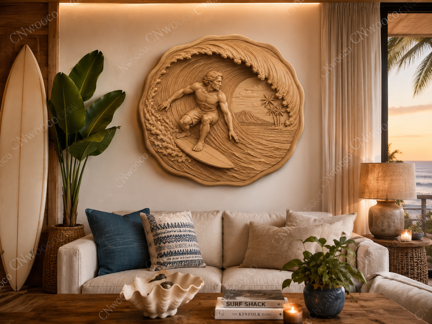 Relief surfeur vague tropicale, CNC & impression 3D, fichier STL, STL de très haute qualité