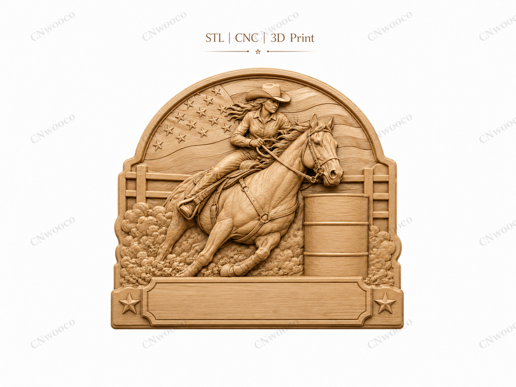 CNC & impression 3D relief cowgirl barrel racing à personnaliser, cheval western, STL très haute qualité